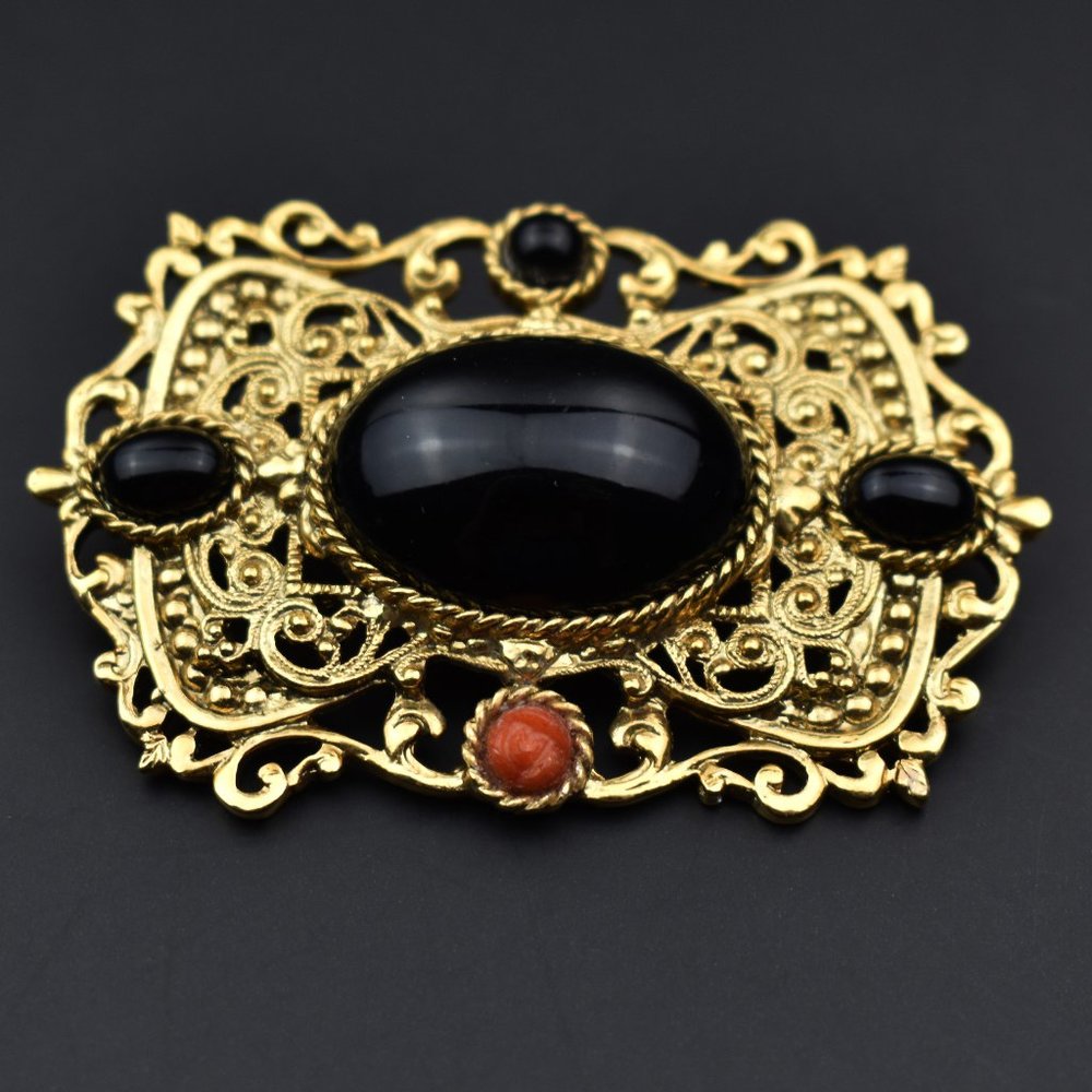 Gold and black Victorian collar pin, large quirky lapel brooch for women